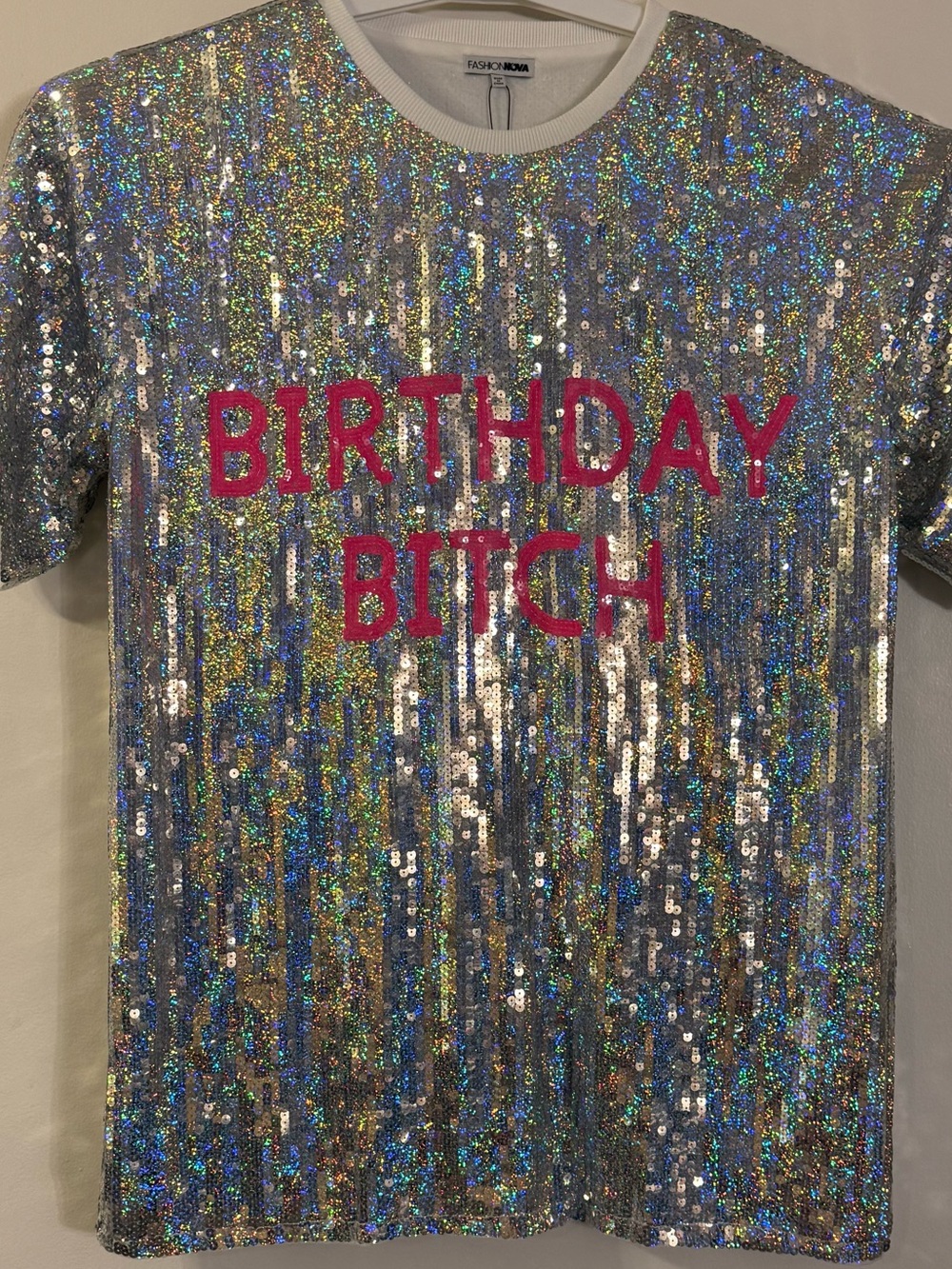 Fashion Nova Silver Sequin Mini Dress with Pink Accents